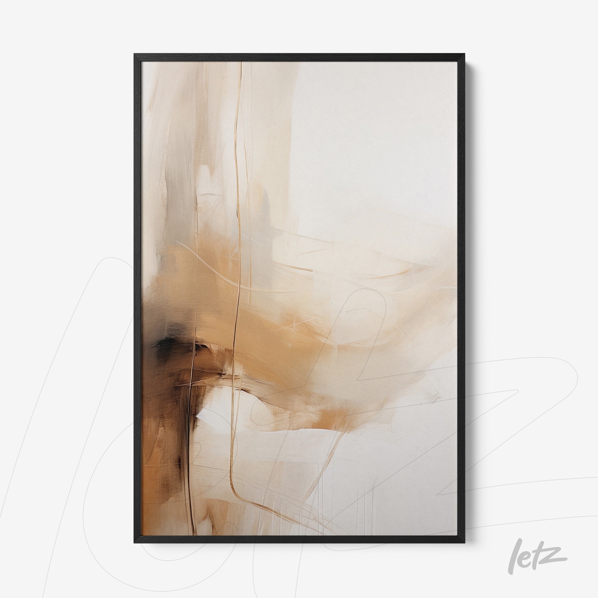 quadro com arte abstrata em tons de bege e marrom em moldura preta
