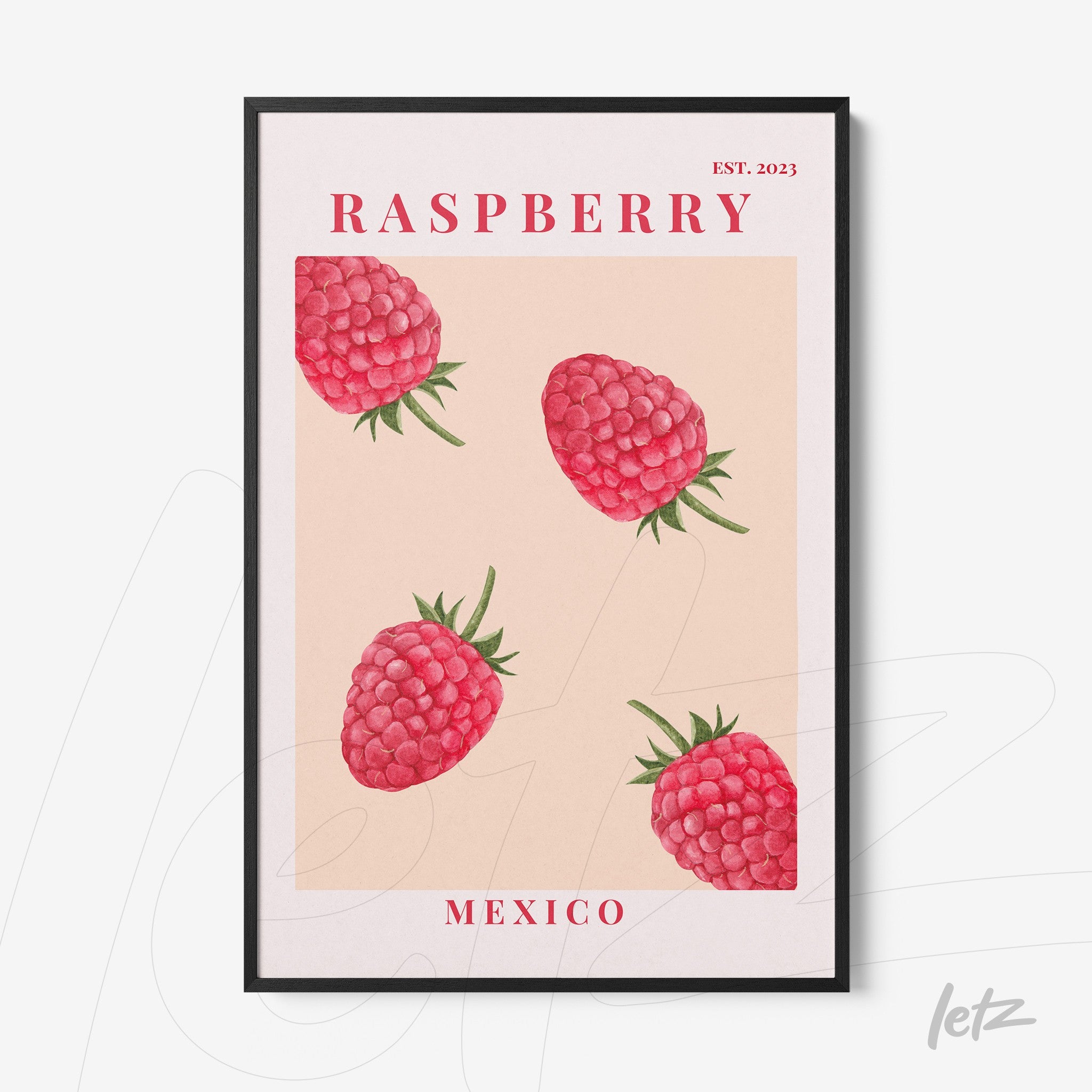 quadro com arte de framboesas em fundo rosa claro com moldura preta