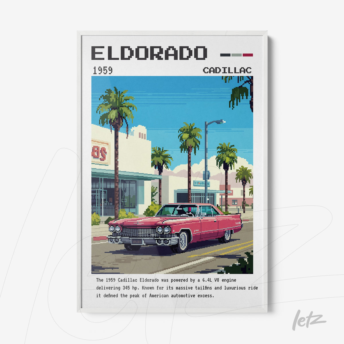 quadro com arte em estilo pixelado de um Cadillac Eldorado de 1959 com fundo de palmeiras e edifícios