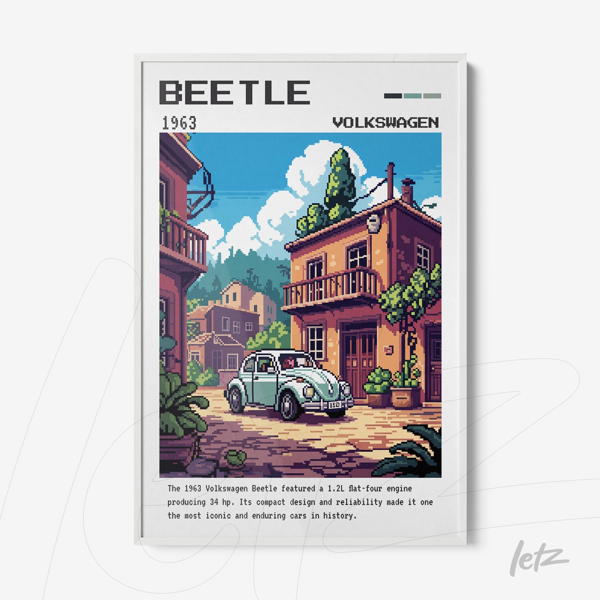 quadro com arte pixelada do Volkswagen Beetle 1963 em moldura branca