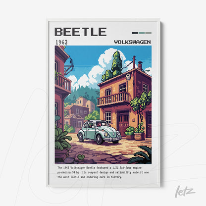 quadro com arte pixelada do Volkswagen Beetle 1963 em moldura branca