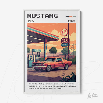 quadro com arte digital de um carro Ford Mustang vermelho nos anos 60 em estilo pixelado, fundo de posto de gasolina com detalhes retrô