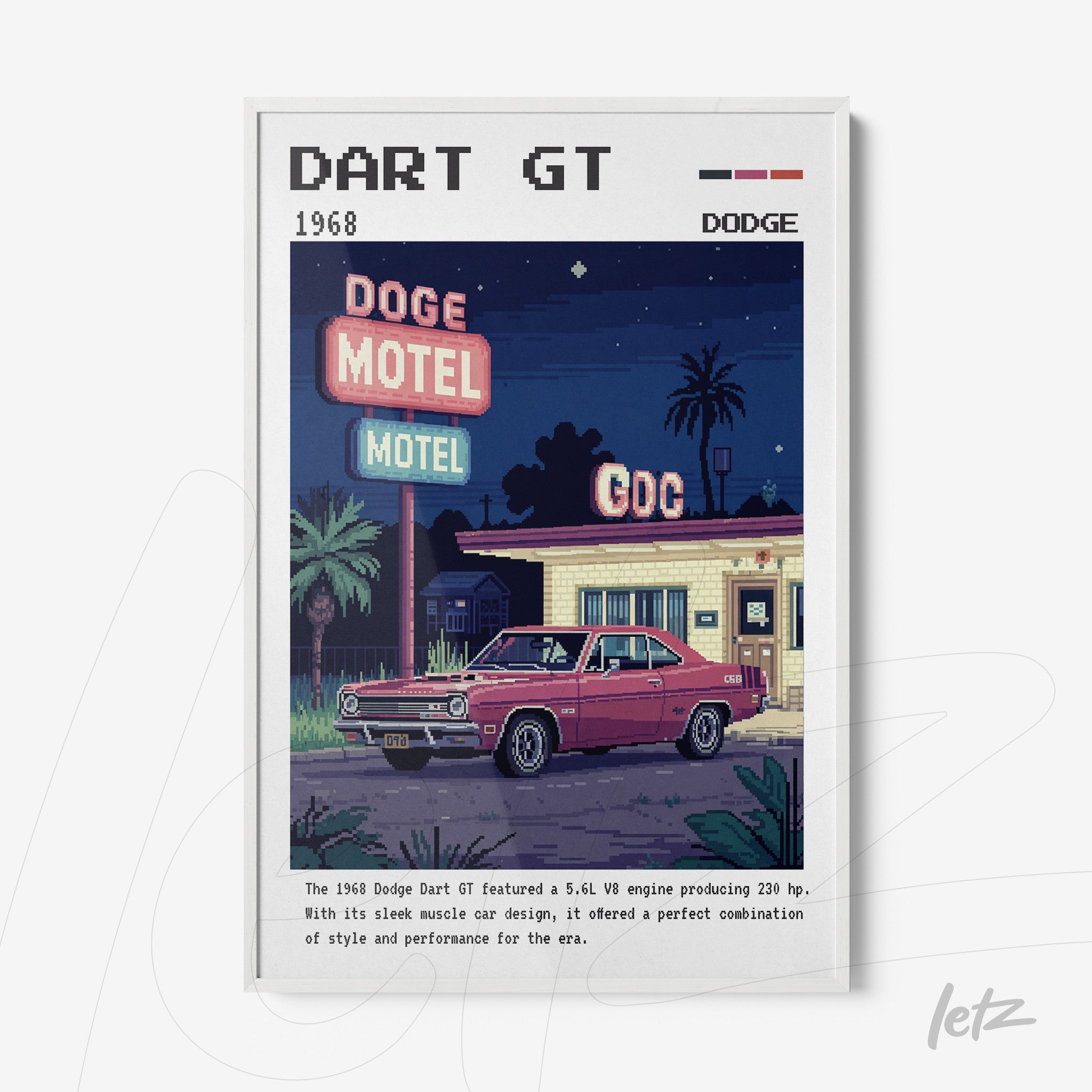 quadro com arte pixelada do carro Dodge Dart GT de 1968 estacionado em frente a um motel vintage sob placas iluminadas