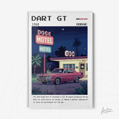 quadro com arte pixelada do carro Dodge Dart GT de 1968 estacionado em frente a um motel vintage sob placas iluminadas