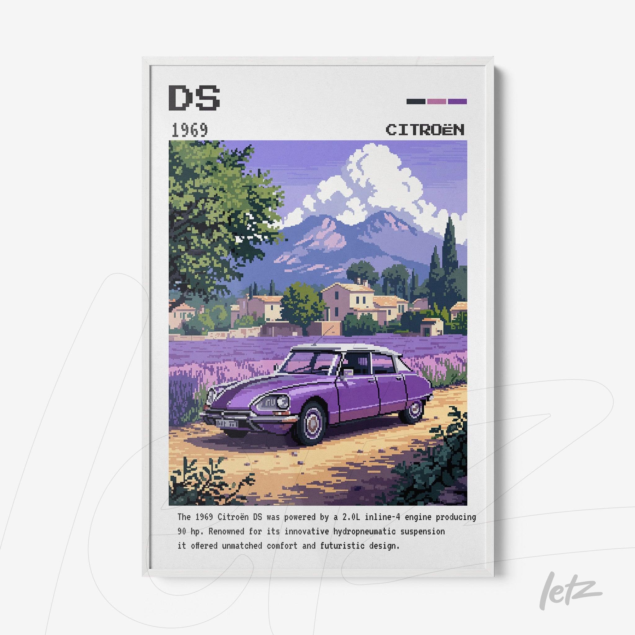 quadro com arte digital de um carro Citroën DS roxo em um cenário campestre com montanhas ao fundo