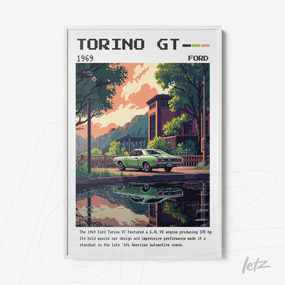 quadro com arte retro ilustrando o Ford Torino GT de 1969 em um ambiente urbano com reflexo na água