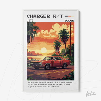 quadro com arte retrô de um Dodge Charger R/T 1970, apresentando paisagem tropical ao fundo e moldura branca