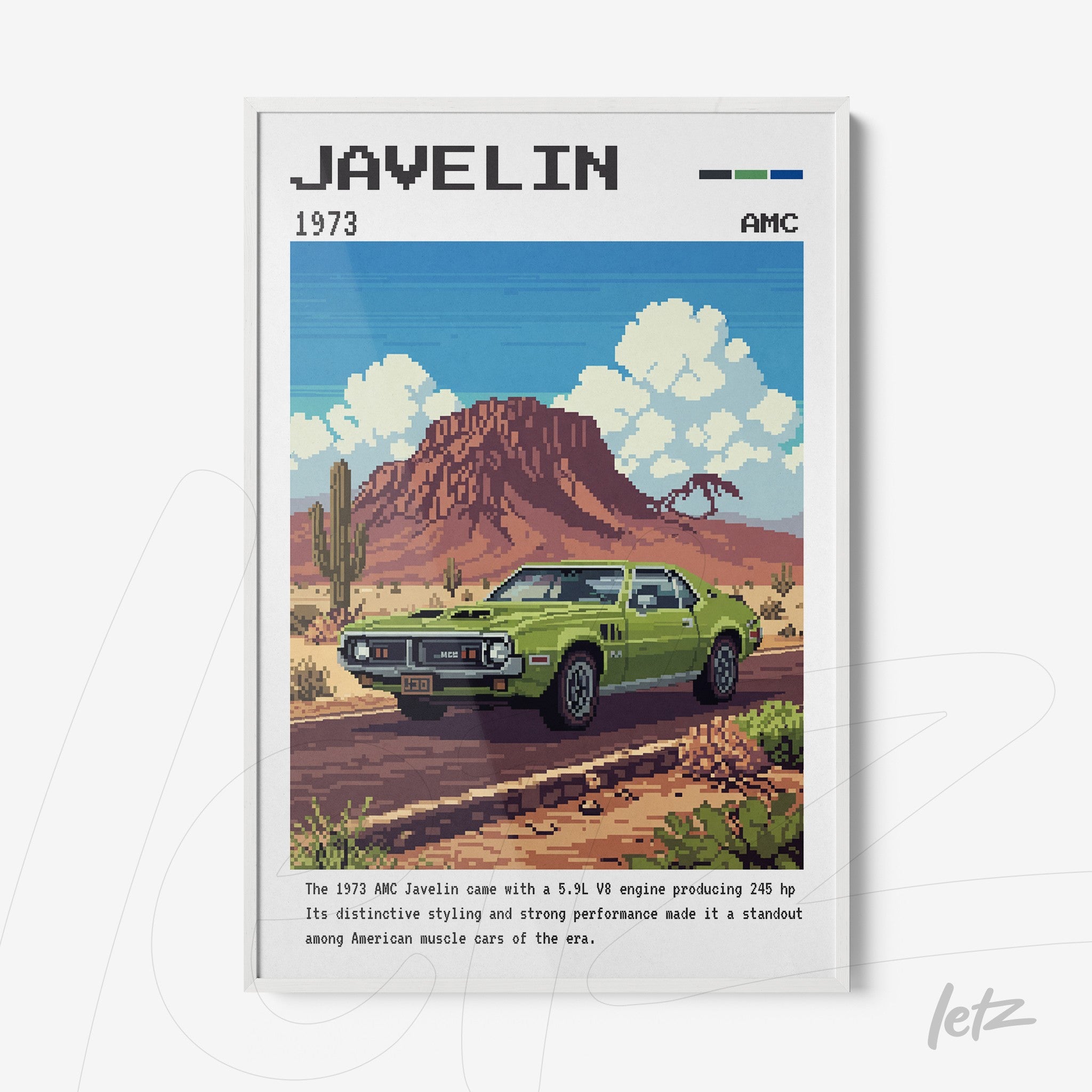 quadro com arte em estilo pixel art do carro AMC Javelin em cenário desértico com montanhas ao fundo