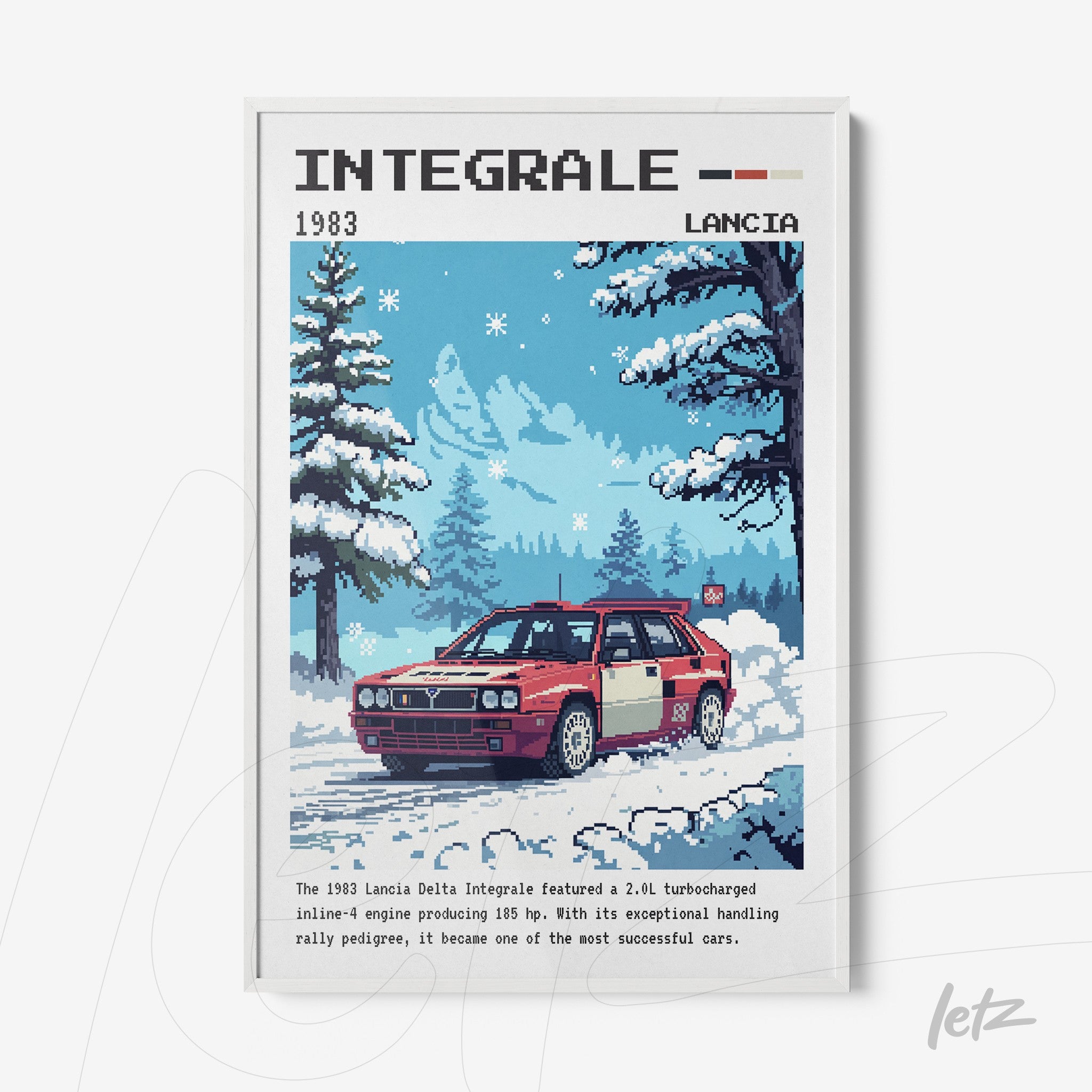 quadro com arte em pixel de carro Lancia Delta Integrale em cenário de inverno com neve
