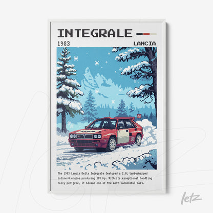 quadro com arte em pixel de carro Lancia Delta Integrale em cenário de inverno com neve