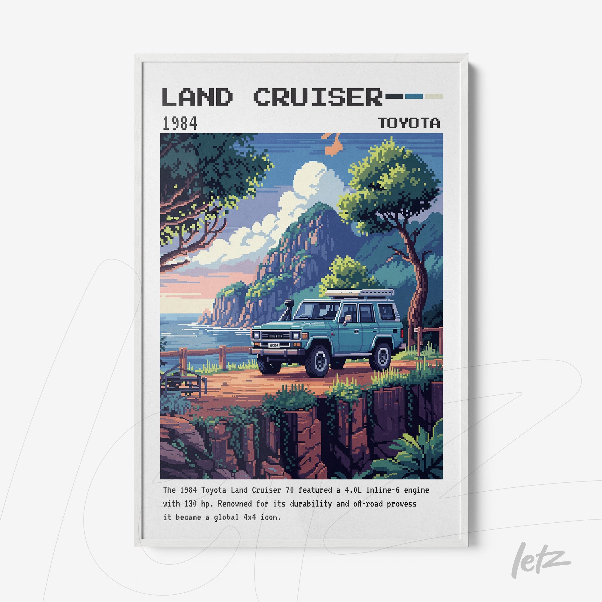 quadro com ilustração vintage do Toyota Land Cruiser de 1984 em moldura branca