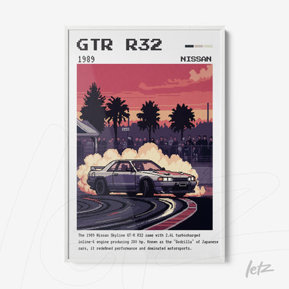 quadro emoldurado com arte retro de um Nissan Skyline GTR R32 em uma pista de corrida, com fumaça e espectadores ao fundo