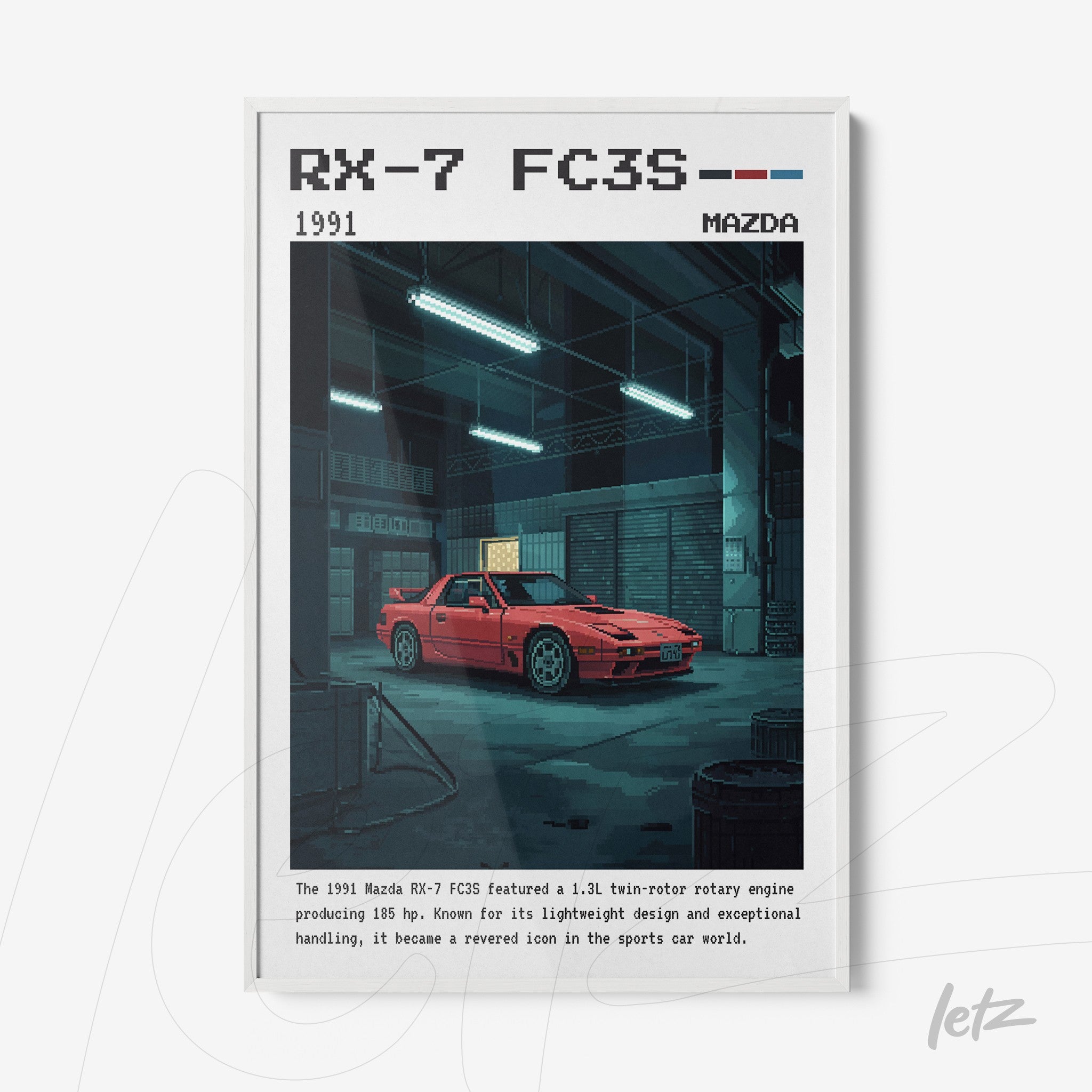 quadro com arte pixelada de um carro Mazda RX-7 FC3S vermelho em um ambiente garagem com iluminação baixa