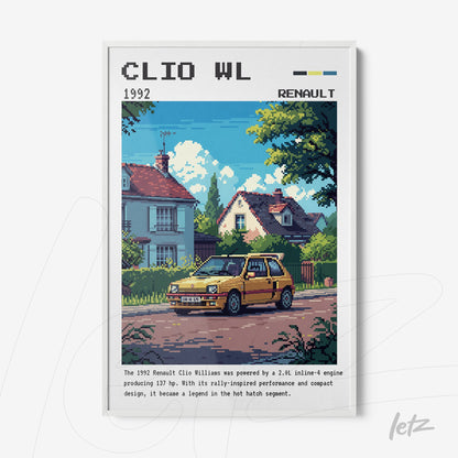 quadro colorido com ilustração pixelada de um Renault Clio Williams amarelo estacionado em frente a uma casa com jardim em estilo retrô