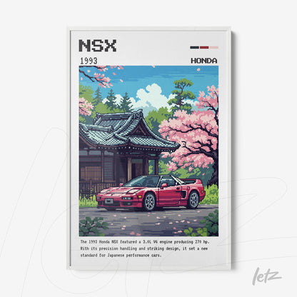 quadro em estilo pixel art do carro Honda NSX de 1993, com fundo de casa japonesa e sakuras floridas em tons vibrantes