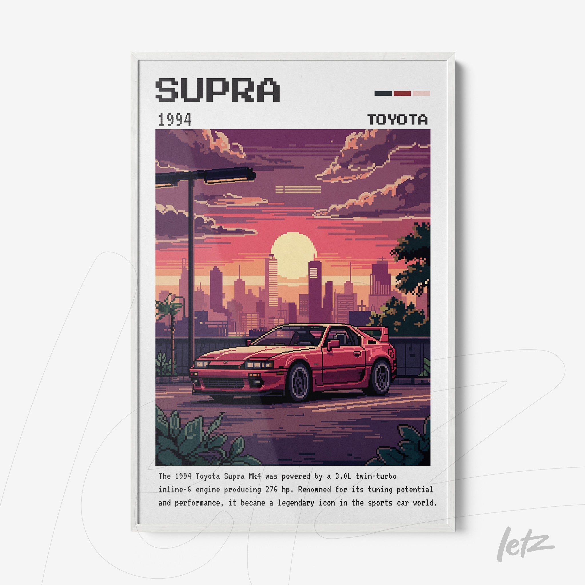 quadro com arte pixelada de um carro Toyota Supra 1994 em moldura branca, com fundo de pôr do sol urbano