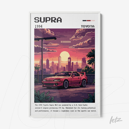 quadro com arte pixelada de um carro Toyota Supra 1994 em moldura branca, com fundo de pôr do sol urbano