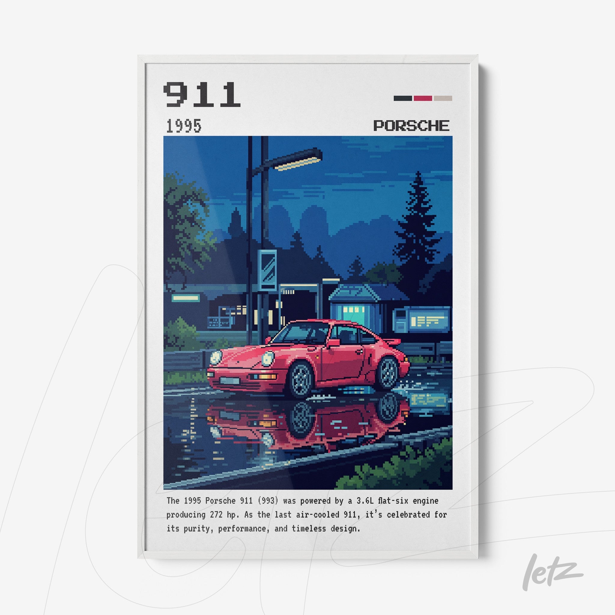 quadro estilo retrô mostrando um Porsche 911 vermelho de 1995 em uma cena noturna com reflexo na água e iluminação suave