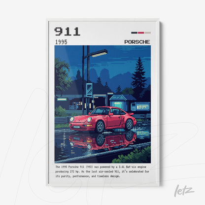quadro estilo retrô mostrando um Porsche 911 vermelho de 1995 em uma cena noturna com reflexo na água e iluminação suave
