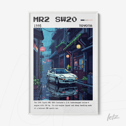quadro com arte pixelada de carro esportivo Toyota MR2 SW20 em um ambiente urbano chuvoso, moldura branca