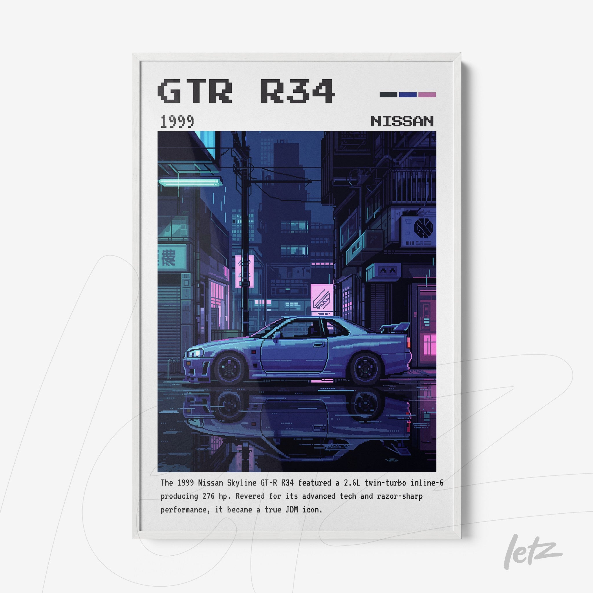 quadro com arte pixelada do carro Nissan GTR R34 em cena noturna urbana, destacado por luzes neon
