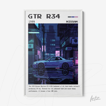 quadro com arte pixelada do carro Nissan GTR R34 em cena noturna urbana, destacado por luzes neon