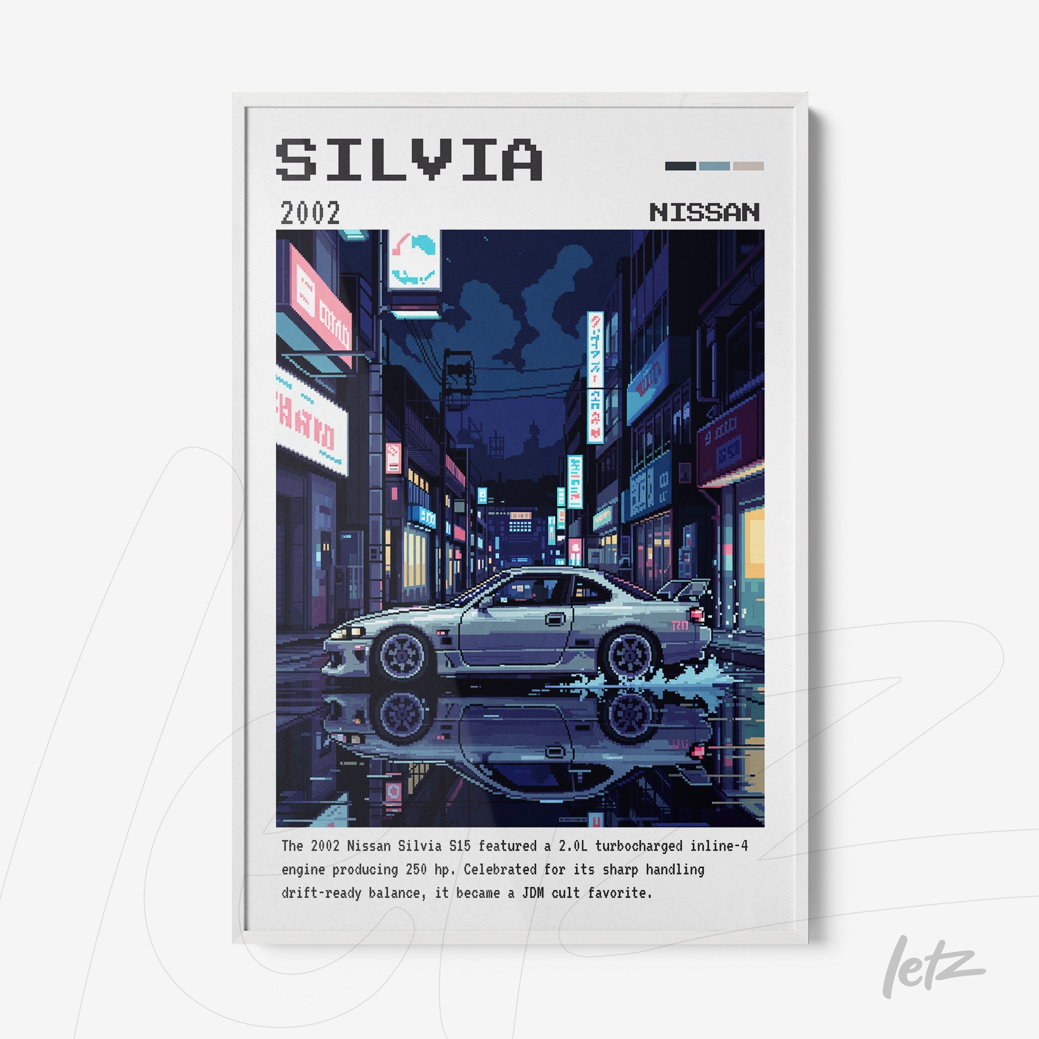 quadro emoldurado com ilustração pixel art de um carro Nissan Silvia 2002 em um cenário urbano noturno