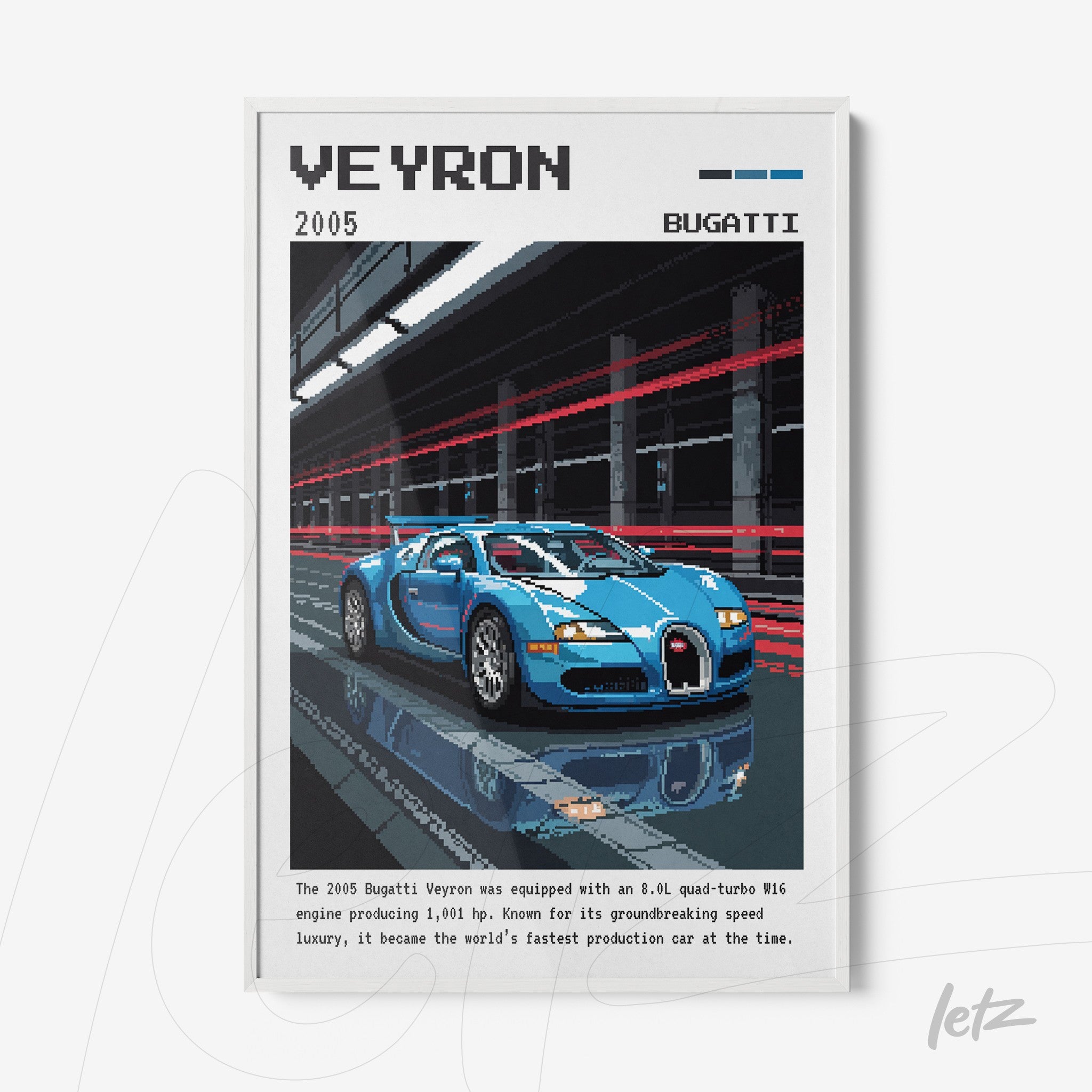quadro com arte pixelada de um Bugatti Veyron azul em moldura branca