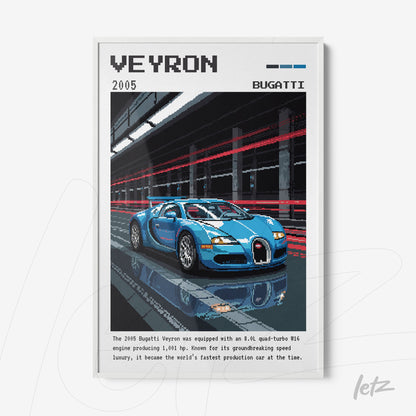 quadro com arte pixelada de um Bugatti Veyron azul em moldura branca