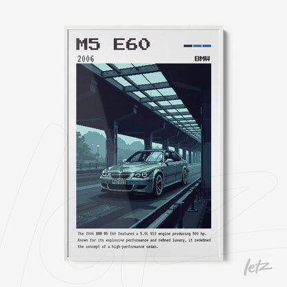 quadro com arte digital retrô do carro BMW M5 E60 em moldura branca