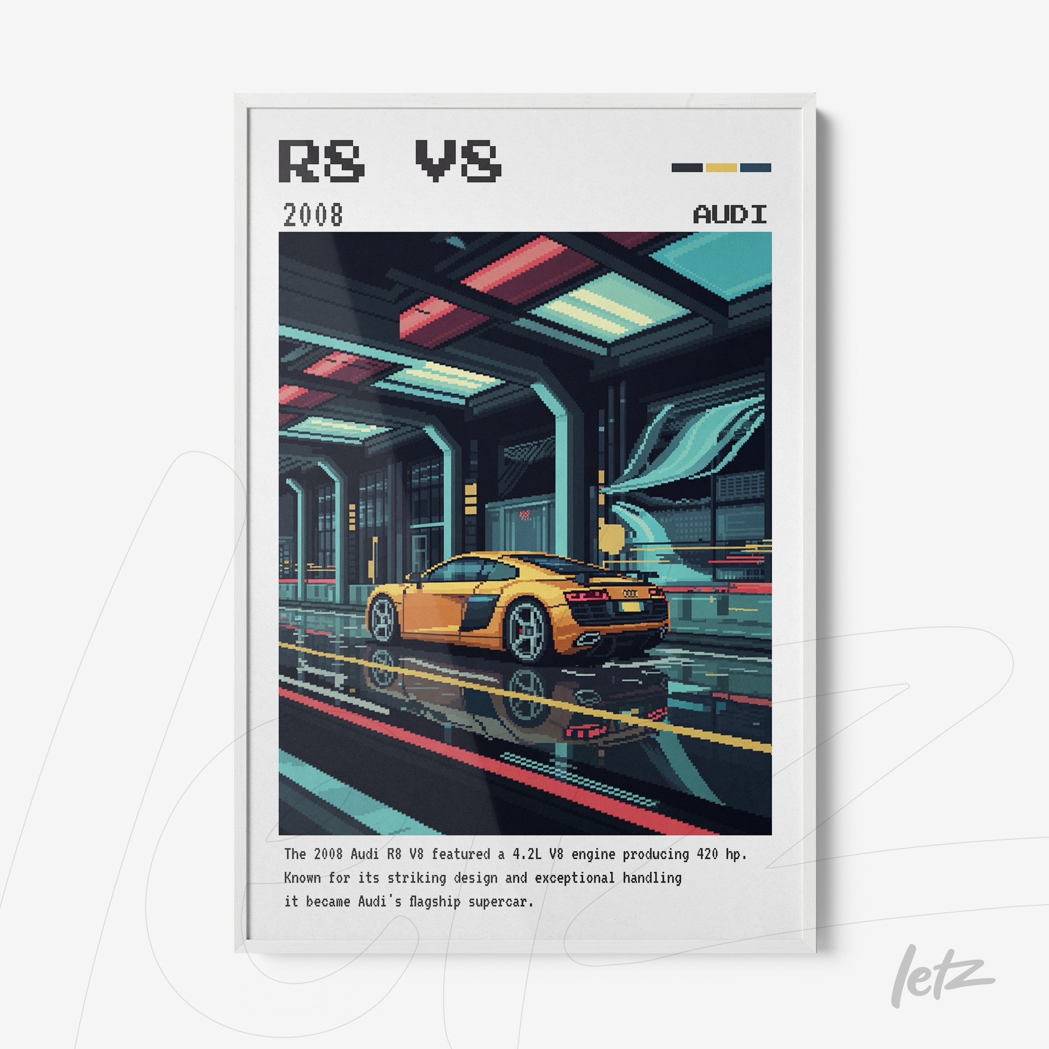 quadro com arte pixelada de um carro Audi R8 amarelo em ambiente futurista com detalhes em néon