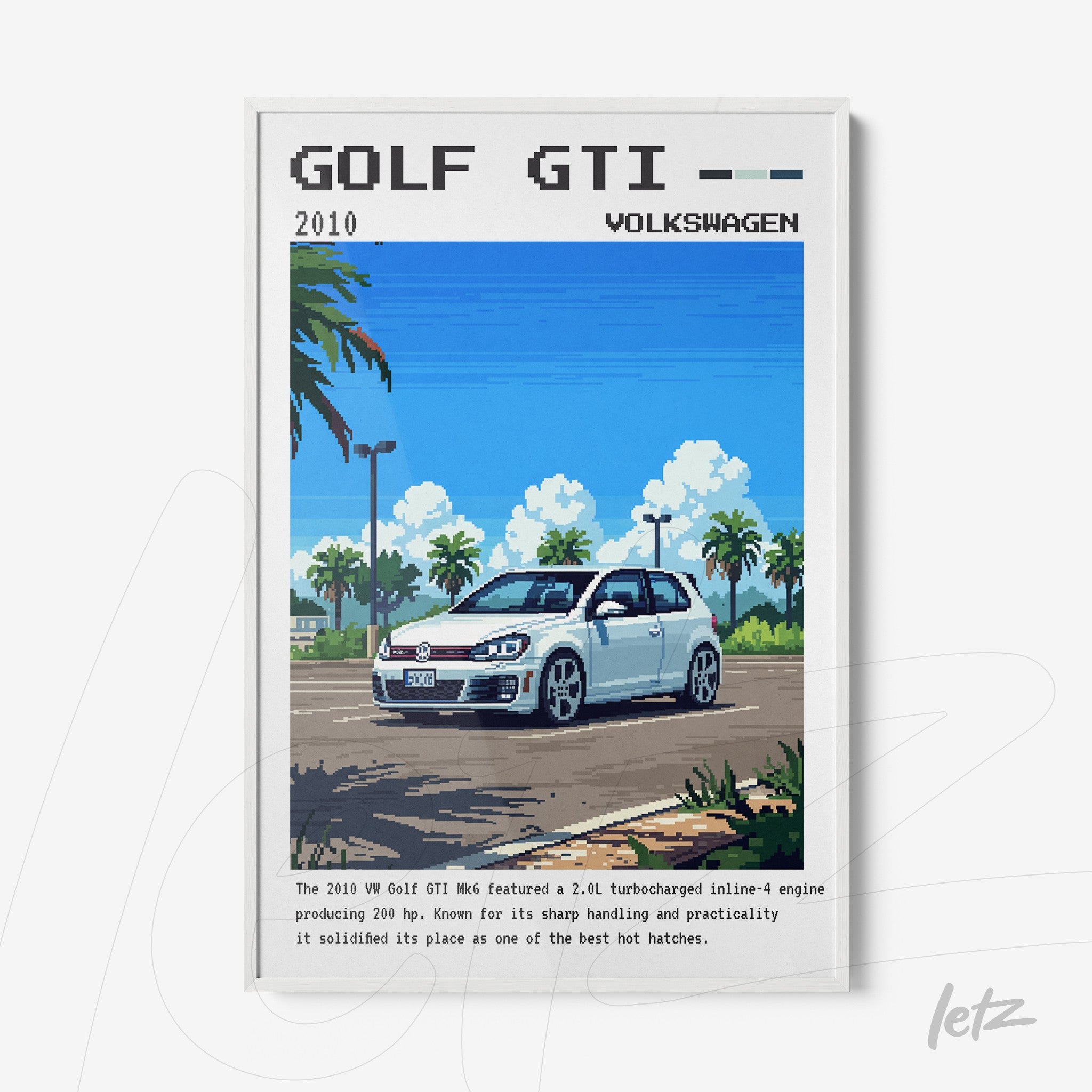 quadro em moldura branca com arte pixelada de um carro Golf GTI em uma estrada sob céu azul