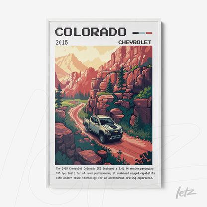 quadro digital com ilustração retrô de um caminhão Chevrolet Colorado em uma estrada montanhosa, colorido com cenários redondos e detalhes em pixel art
