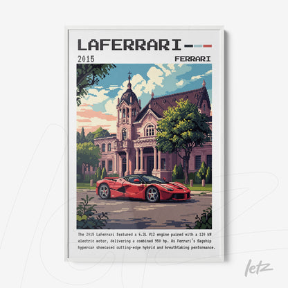 quadro com arte em estilo pixel art do carro Laferrari em frente a uma mansão clássica com moldura branca