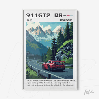 quadro com arte pixelada de um Porsche 911 GT2 RS vermelho em uma estrada montanhosa