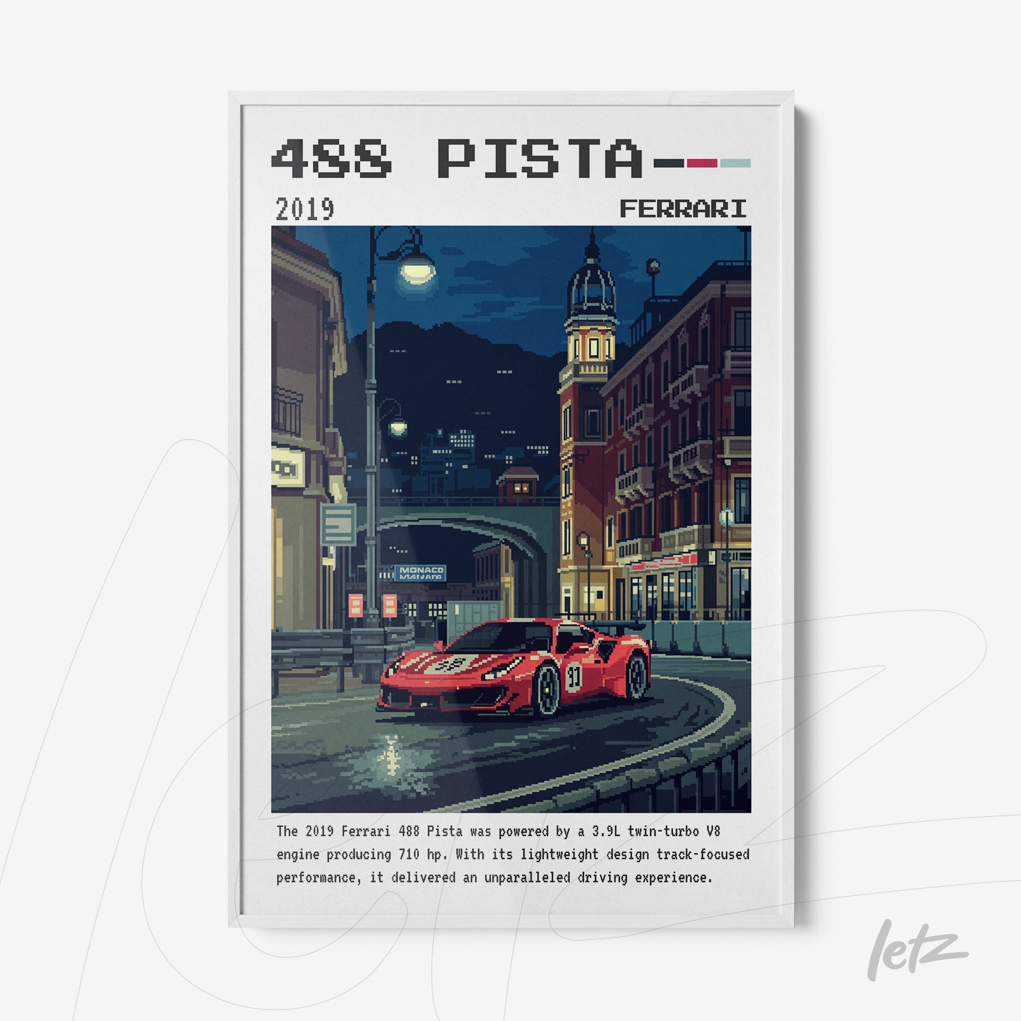 quadro com arte digital retrô de um carro Ferrari 488 Pista em uma rua urbana iluminada à noite, moldura branca