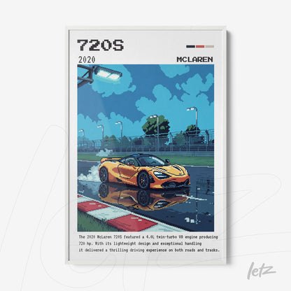 quadro com arte pixelada de um carro McLaren 720S amarelo em pista molhada, moldura branca