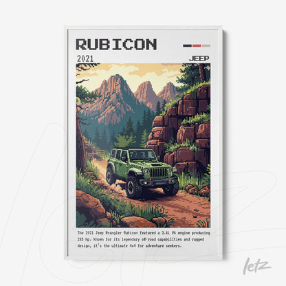 quadro com arte digital retrô de um Jeep Rubicon 2021 em uma trilha montanhosa, apresentando uma moldura branca