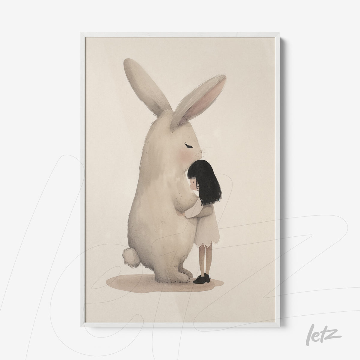 quadro com ilustração de menina abraçando um coelho grande sobre fundo claro com moldura branca