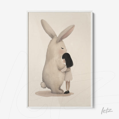 quadro com ilustração de menina abraçando um coelho grande sobre fundo claro com moldura branca