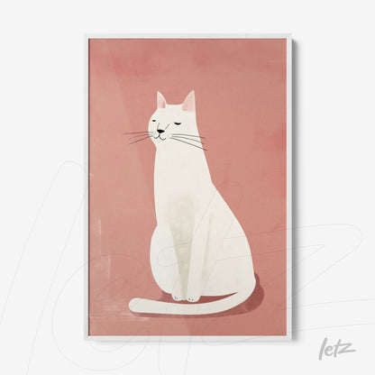 quadro com ilustração minimalista de gato branco sentado em fundo rosa claro, moldura branca