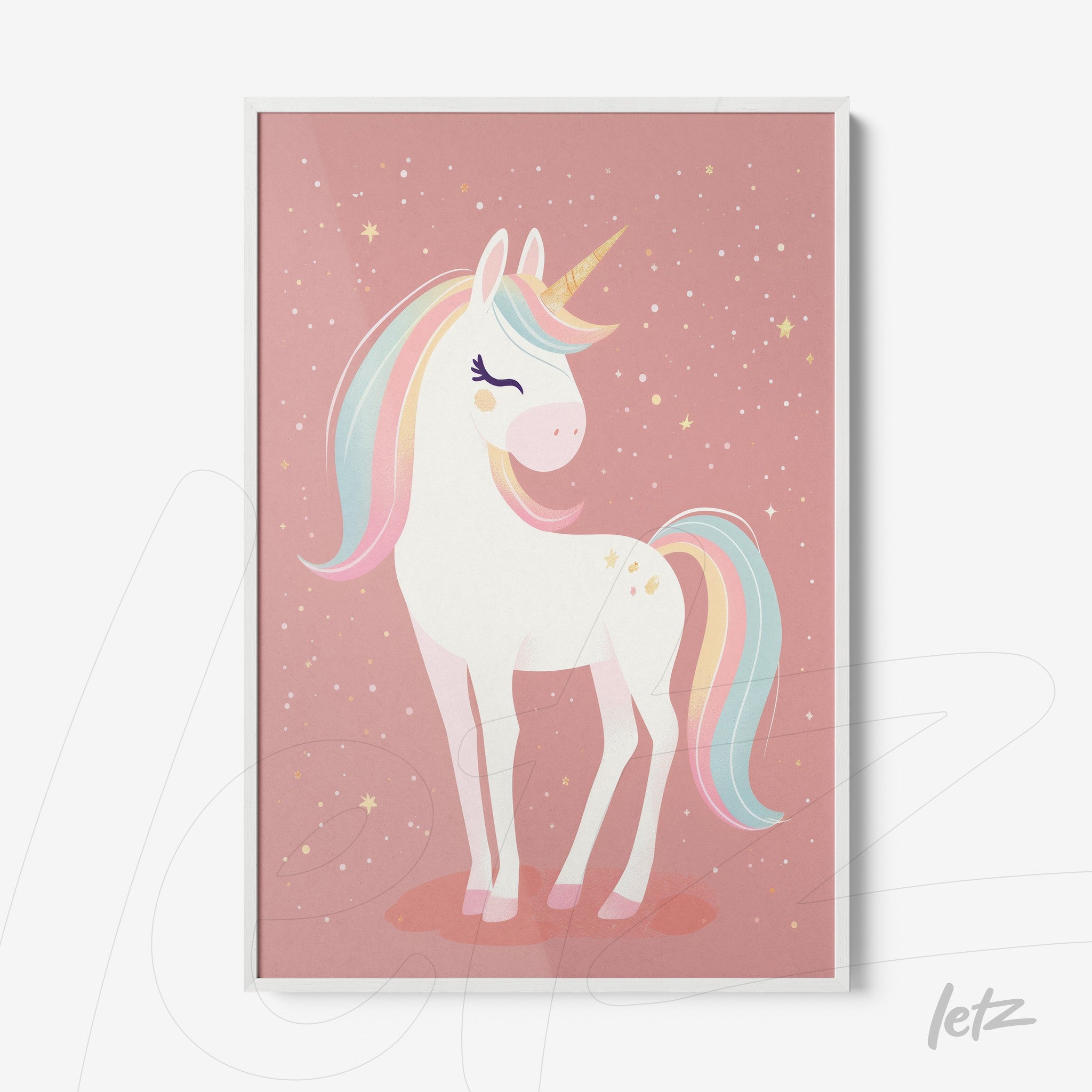 quadro com ilustração de unicórnio em fundo rosa com estrelas, moldura branca