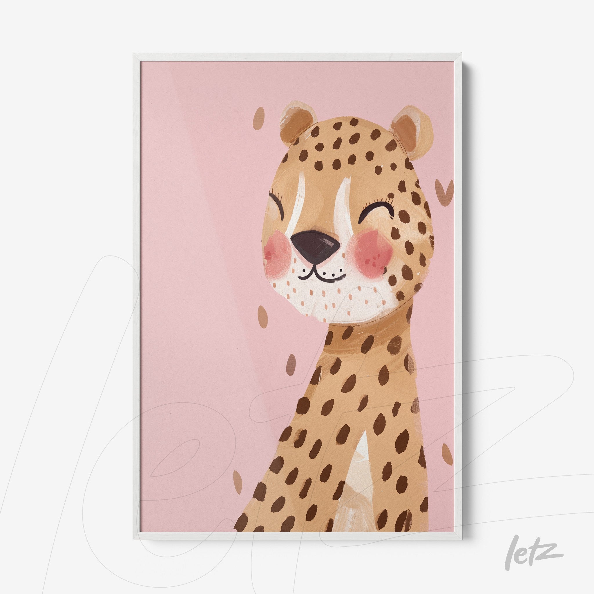 quadro com ilustração de leopardo sorridente em fundo rosa claro e moldura branca