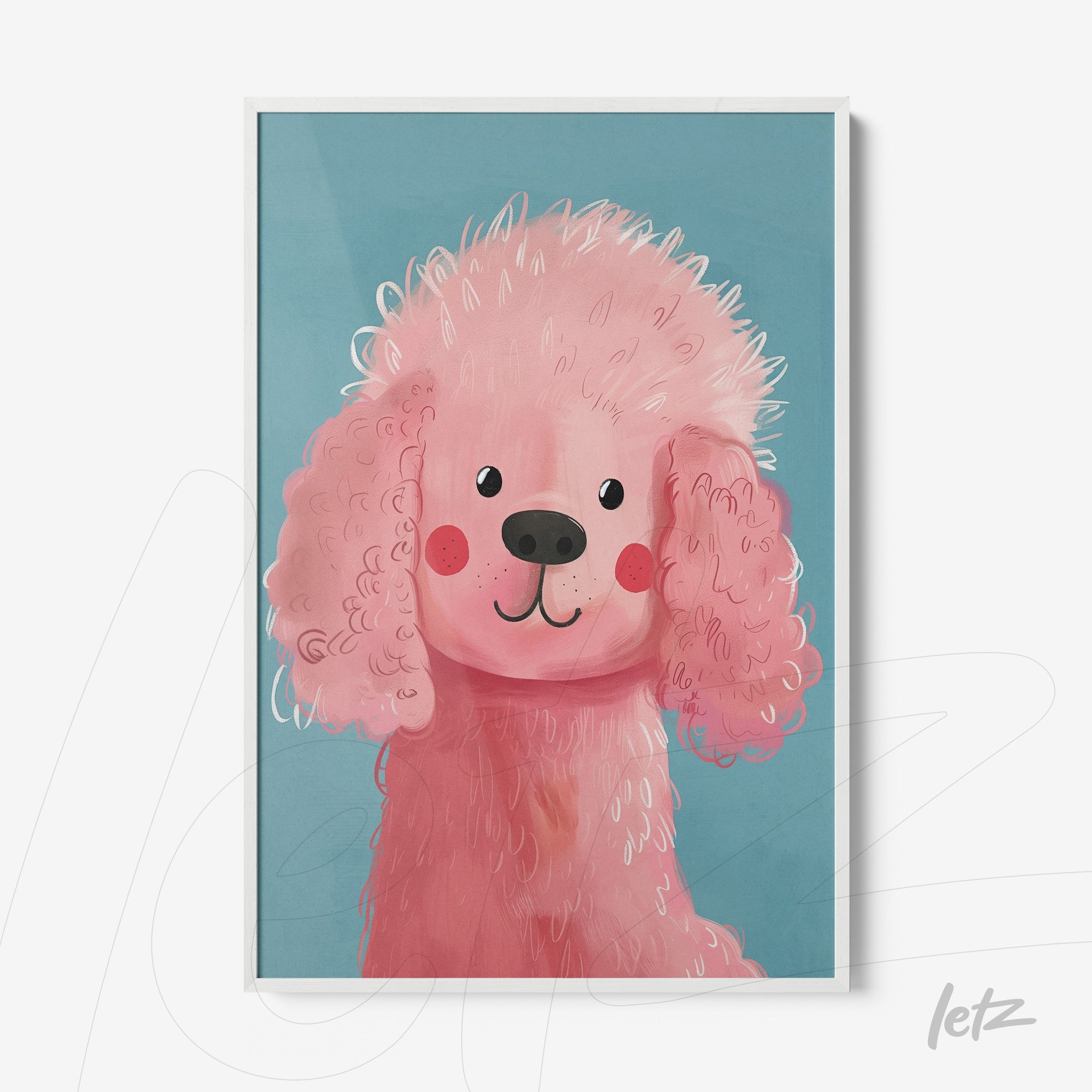 quadro com arte digital de um cachorro poodle rosa sobre fundo azul, com moldura branca
