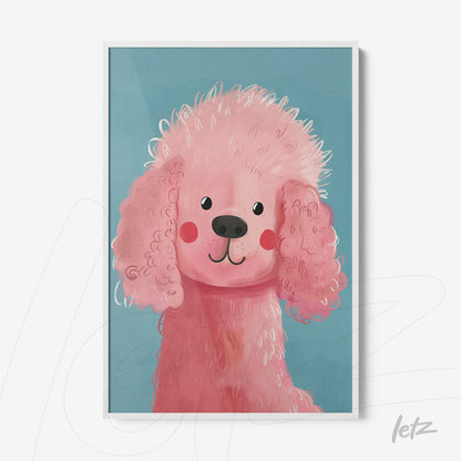 quadro com arte digital de um cachorro poodle rosa sobre fundo azul, com moldura branca