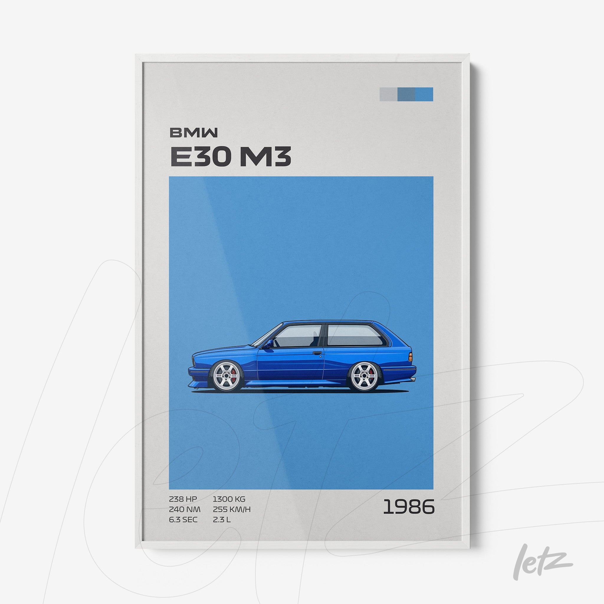 quadro com ilustração estilizada do BMW E30 M3 em fundo azul, com moldura branca
