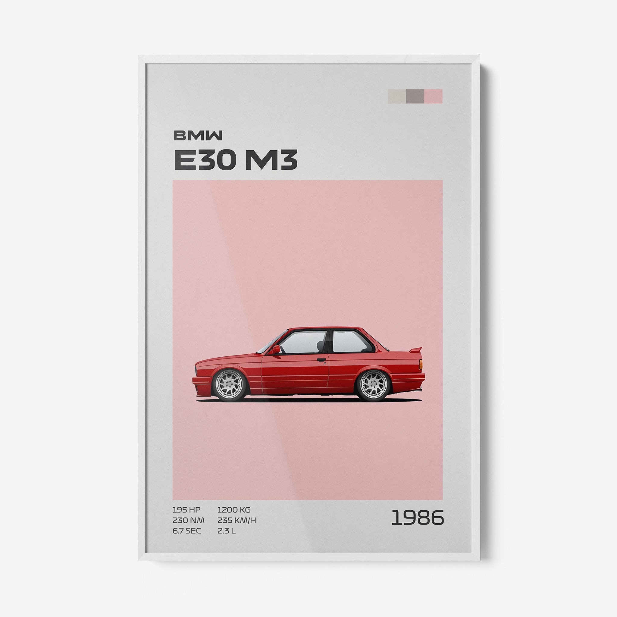 quadro com ilustração minimalista do carro BMW E30 M3 na cor vermelha, moldura branca e fundo rosa