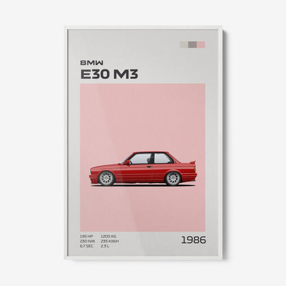 quadro com ilustração minimalista do carro BMW E30 M3 na cor vermelha, moldura branca e fundo rosa