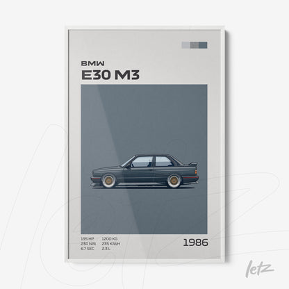 quadro com arte digital do carro BMW E30 M3 em moldura branca