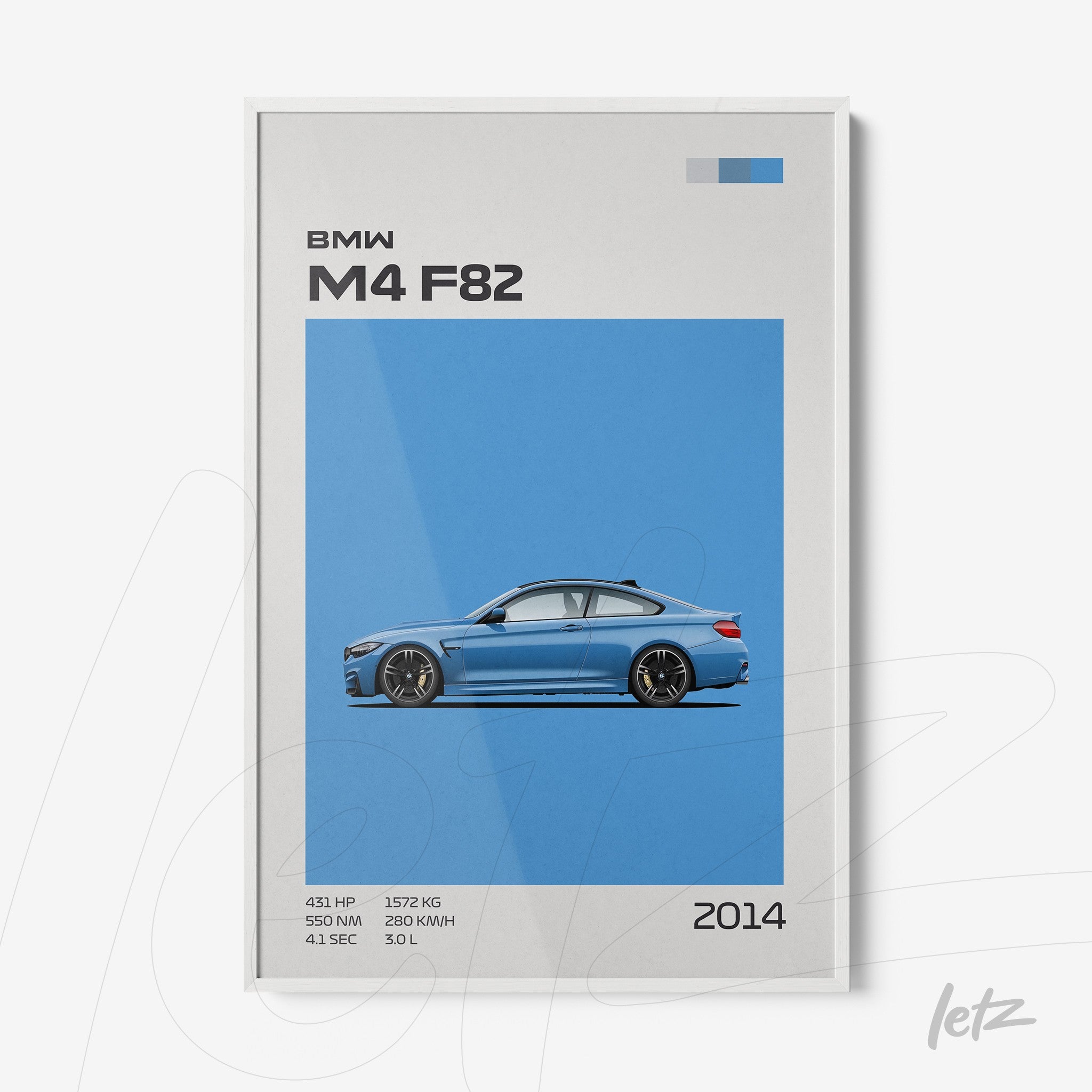 quadro com arte minimalista do carro BMW M4 F82 em fundo azul, apresentando detalhes técnicos e moldura branca